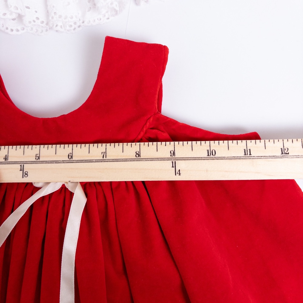Vintage 90s Baby Togs 2pc Dress Set Red White Velvet Floral Eyelet Lace Baby 18M - Picture 12 of 13